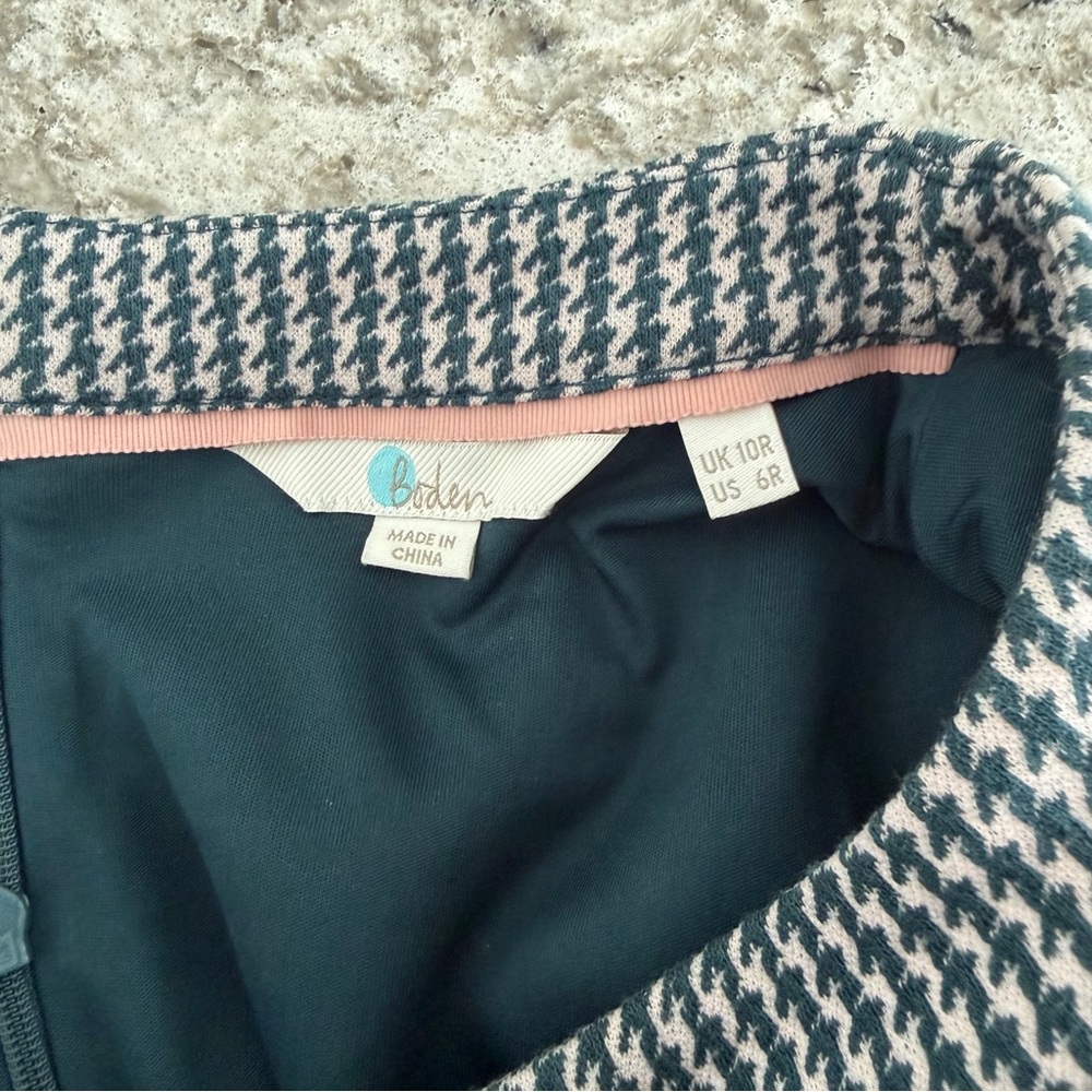 Boden Pink Green Houndstooth Jacquard Dress Pockets Career 3/4 SLV Cotton Knee 6 - Picture 13 of 16
